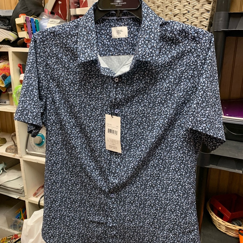 LRG Men's Navy and White Floral Button Down Shirt Level Ten